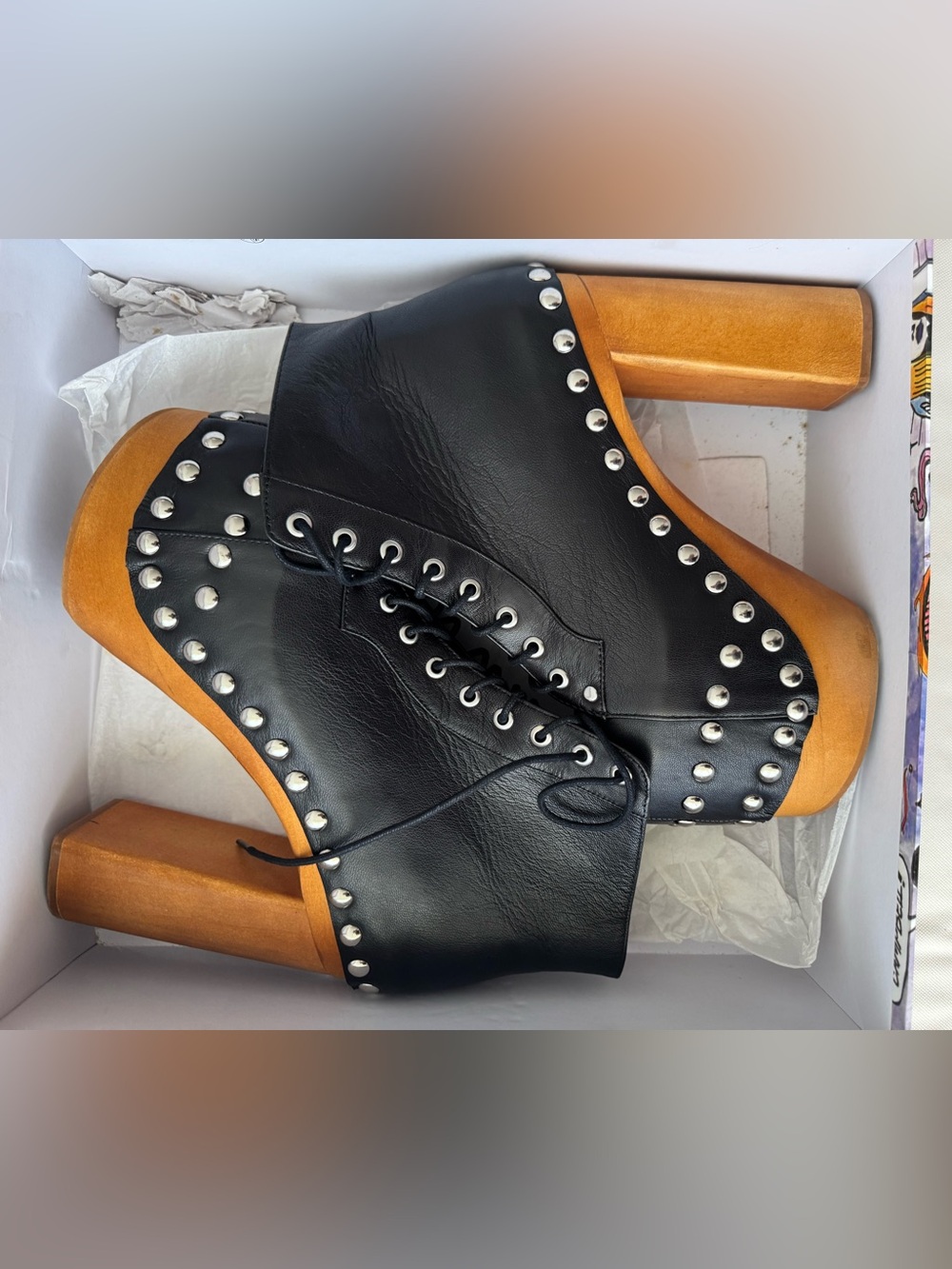 LALITA —Black Leather Platform Lace-Up Boot with Wood Block Heel - Picture 3 of 5